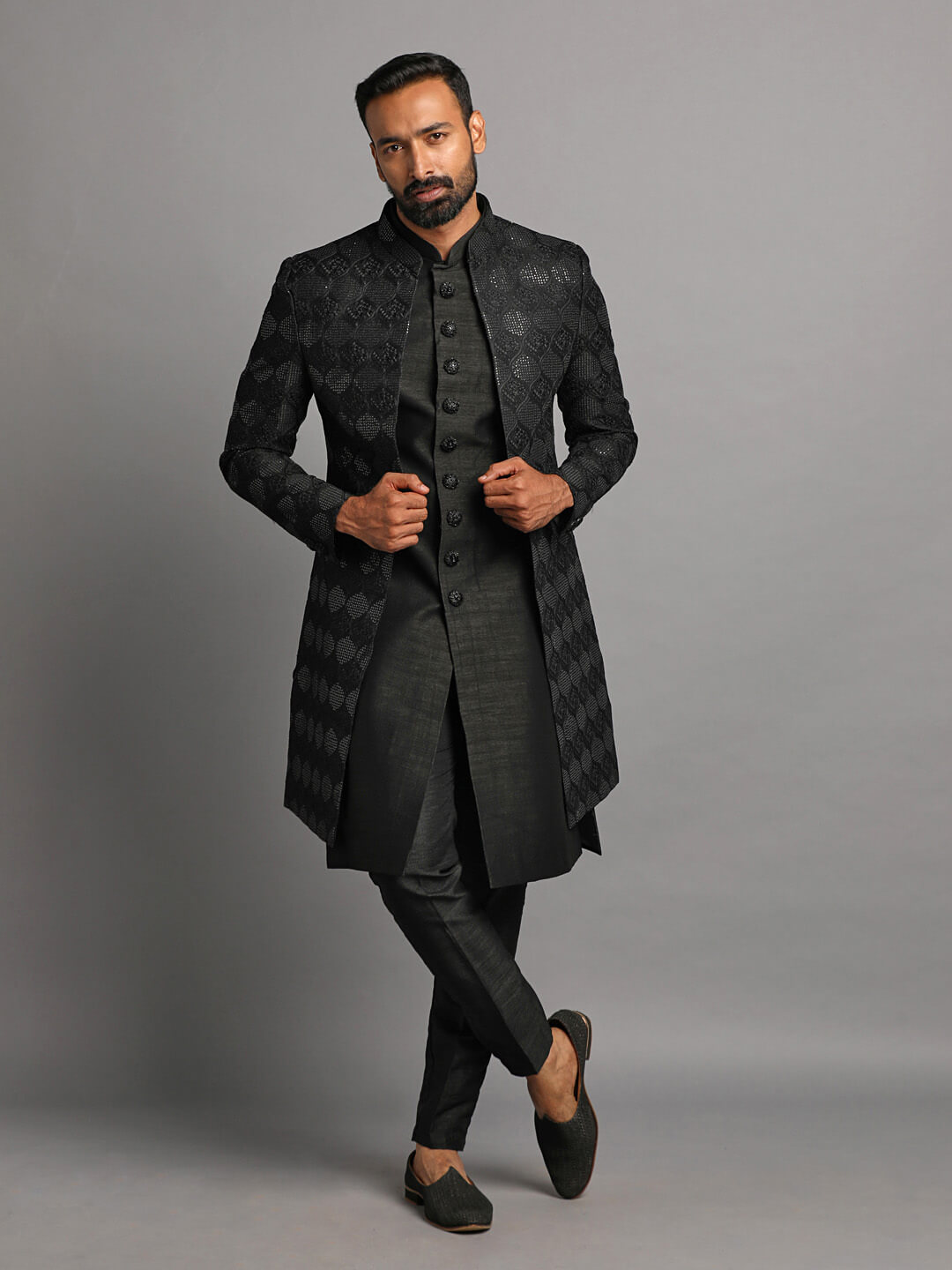 Black Embellished Open Jacket Indo