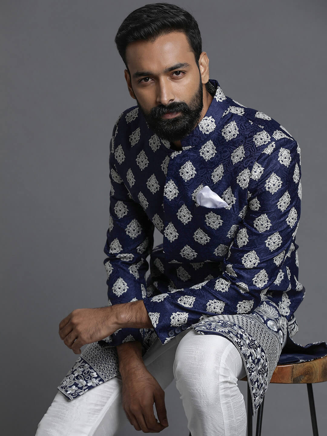 displaying image of Blue White Embroidered Heavy Sangeet Look