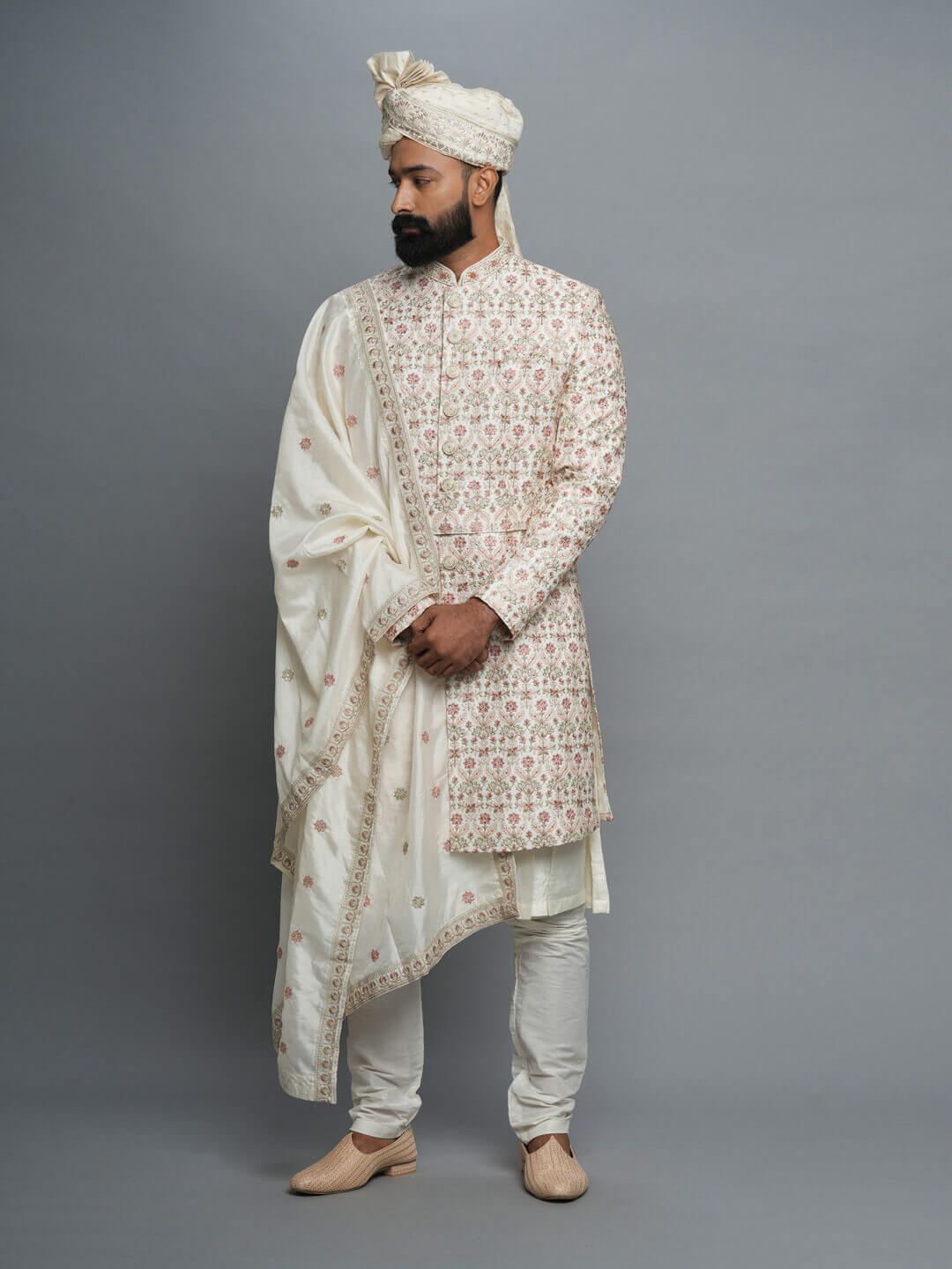 displaying image of Cream Embroidered Heavy Groom with Brick Work