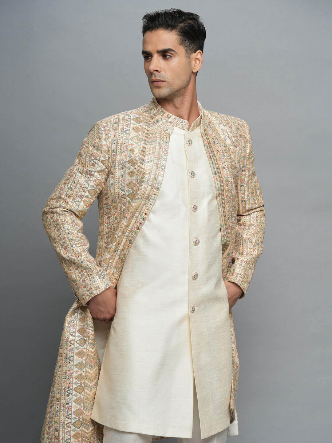 displaying image of Groom Heavy Embroidered Jacket Sherwani