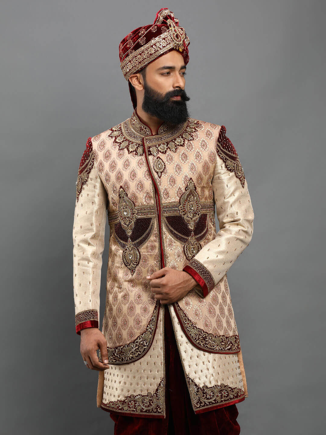 displaying image of Heavy Embroidered Groom Velvet Sherwani