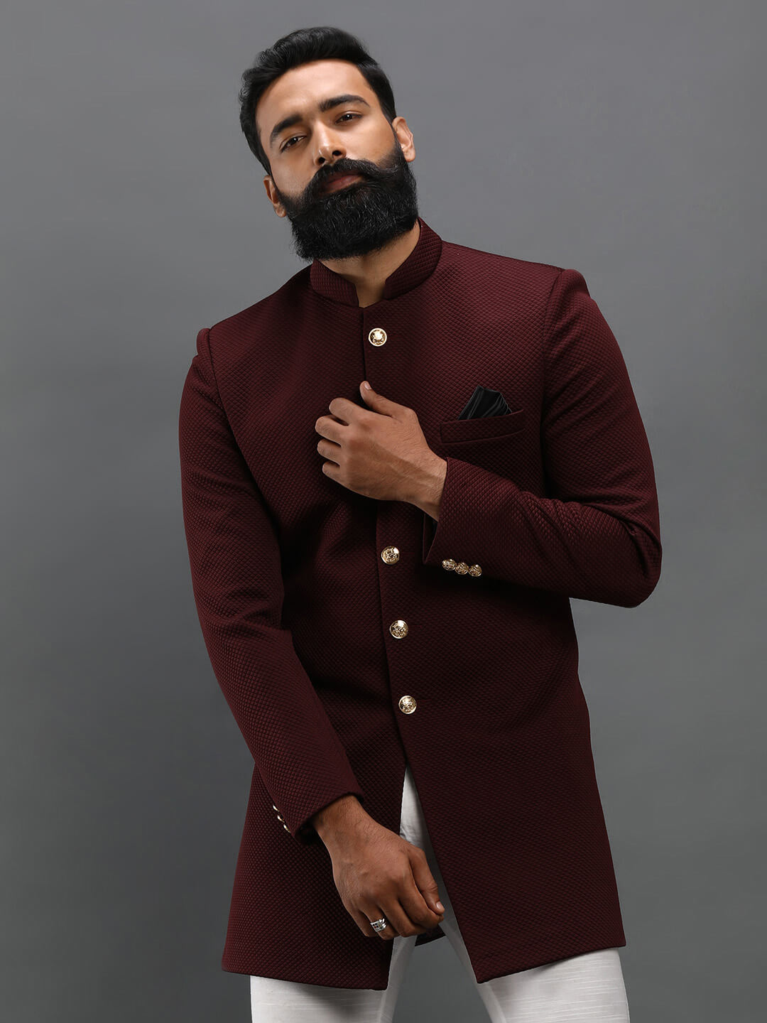 displaying image of Maroon Quilted IndoWestern