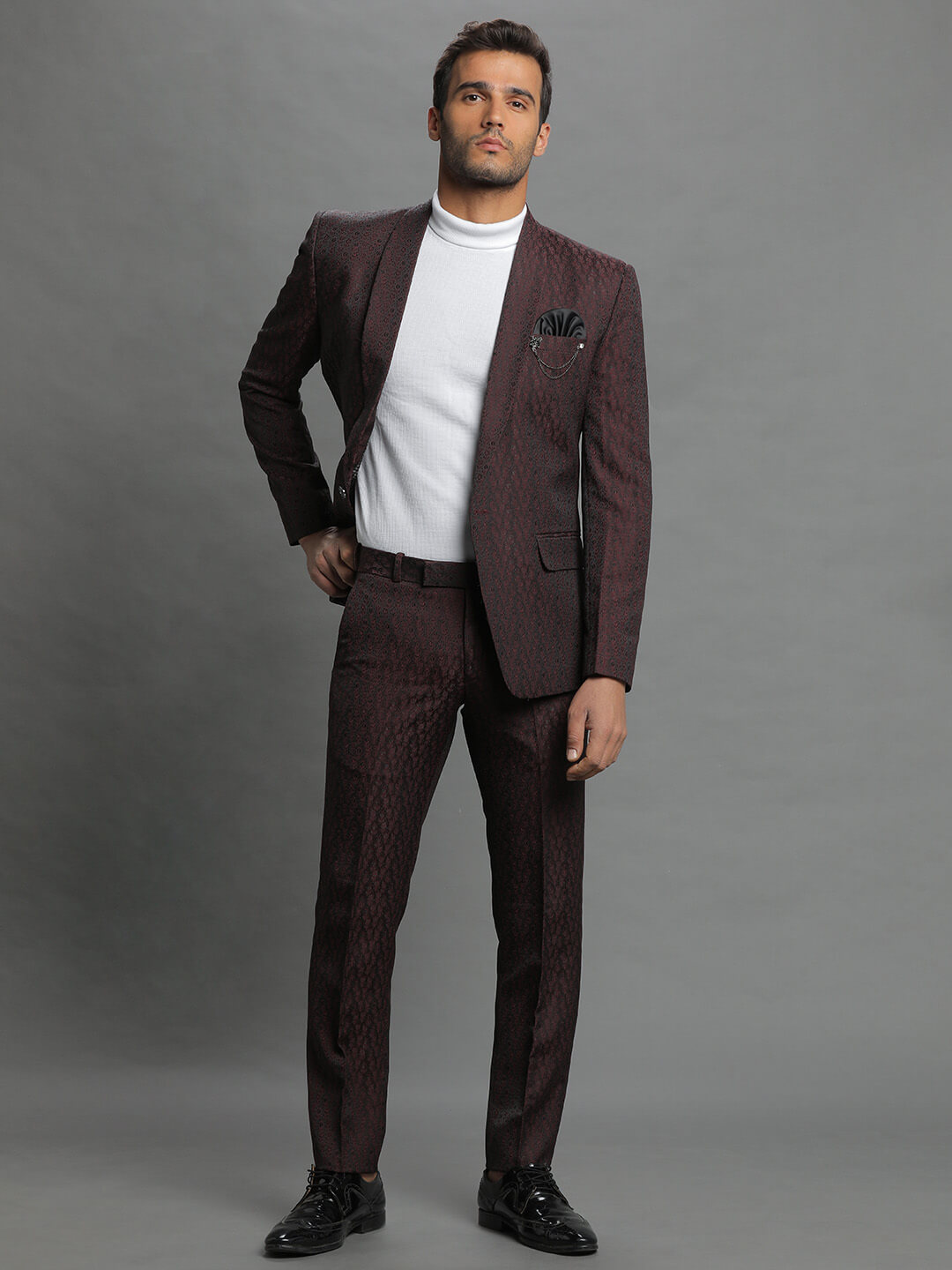 displaying image of Maroon Rose Embroidered Suit