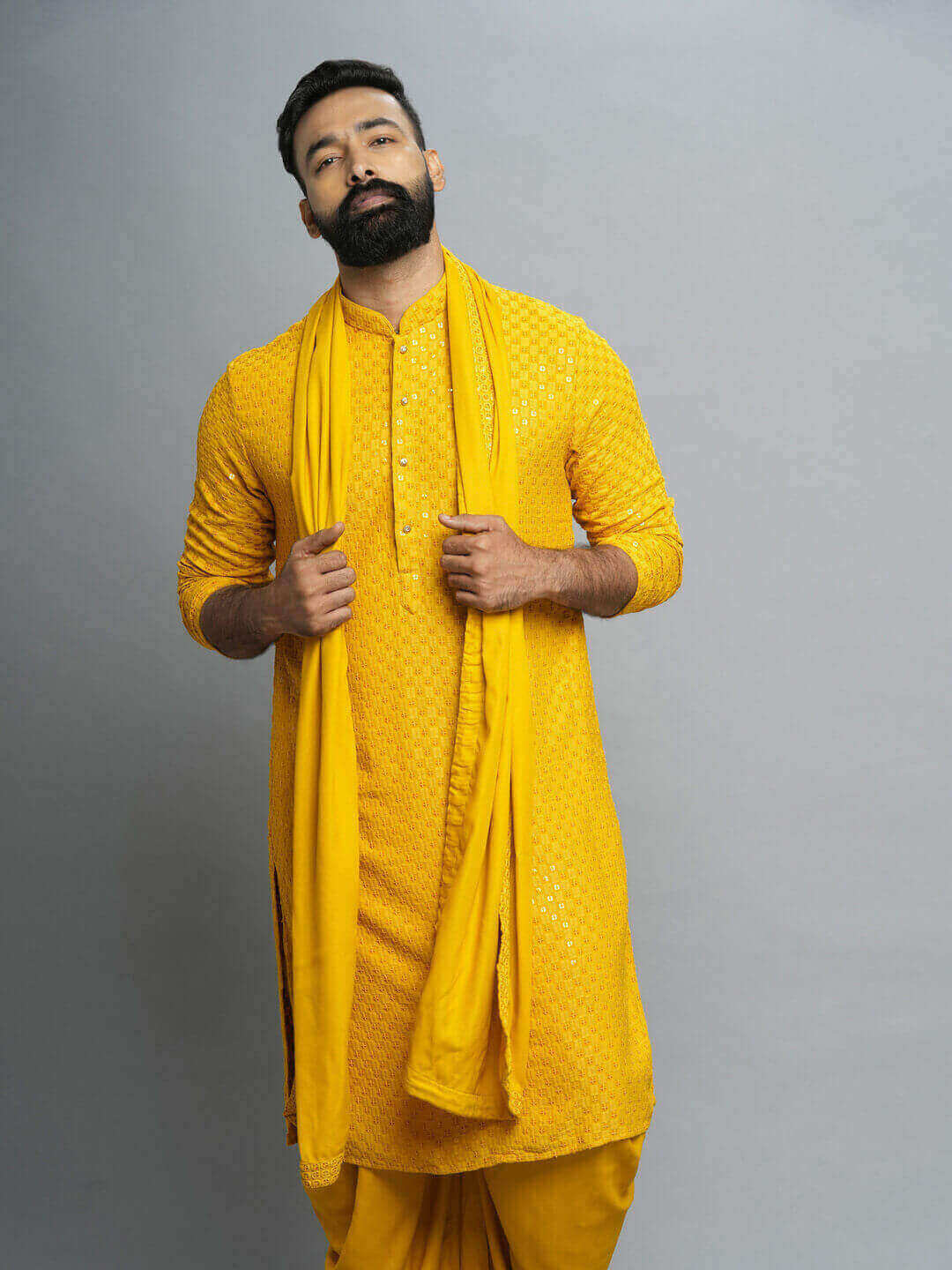 displaying image of Mustard Kurta Pyjama Dupatta Set