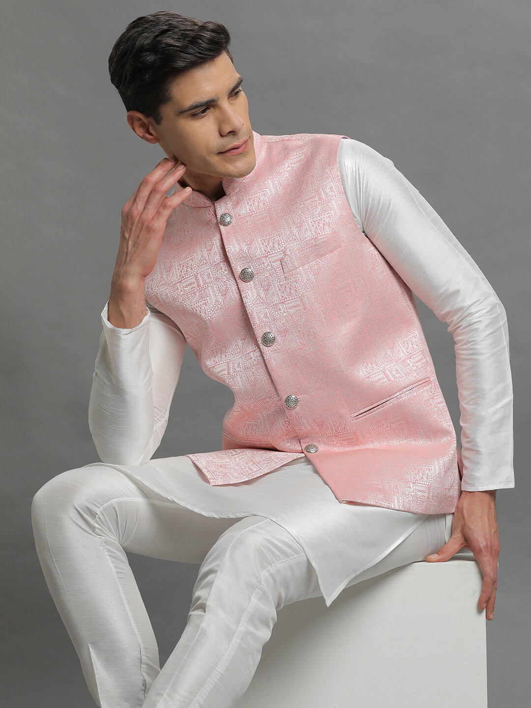 displaying image of Pastel Pink Kurta Pyjama Set