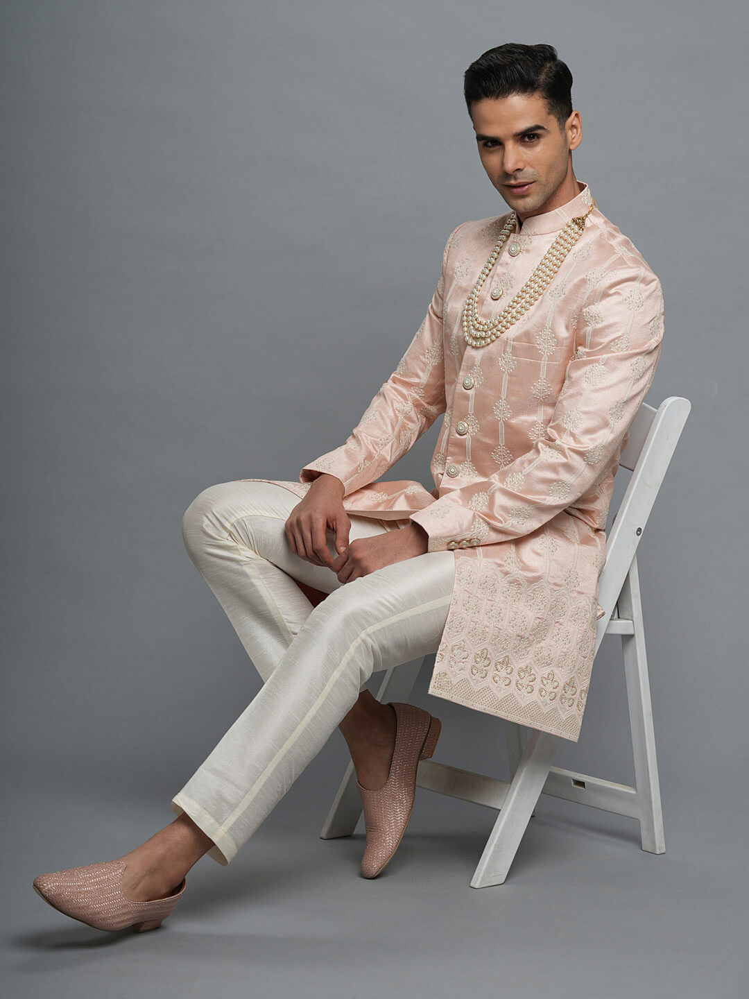 displaying image of Peach with White Embroidery Sherwani