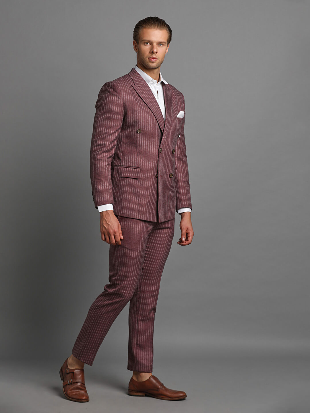 displaying image of Pink Vertical Lines 6 Button Suit