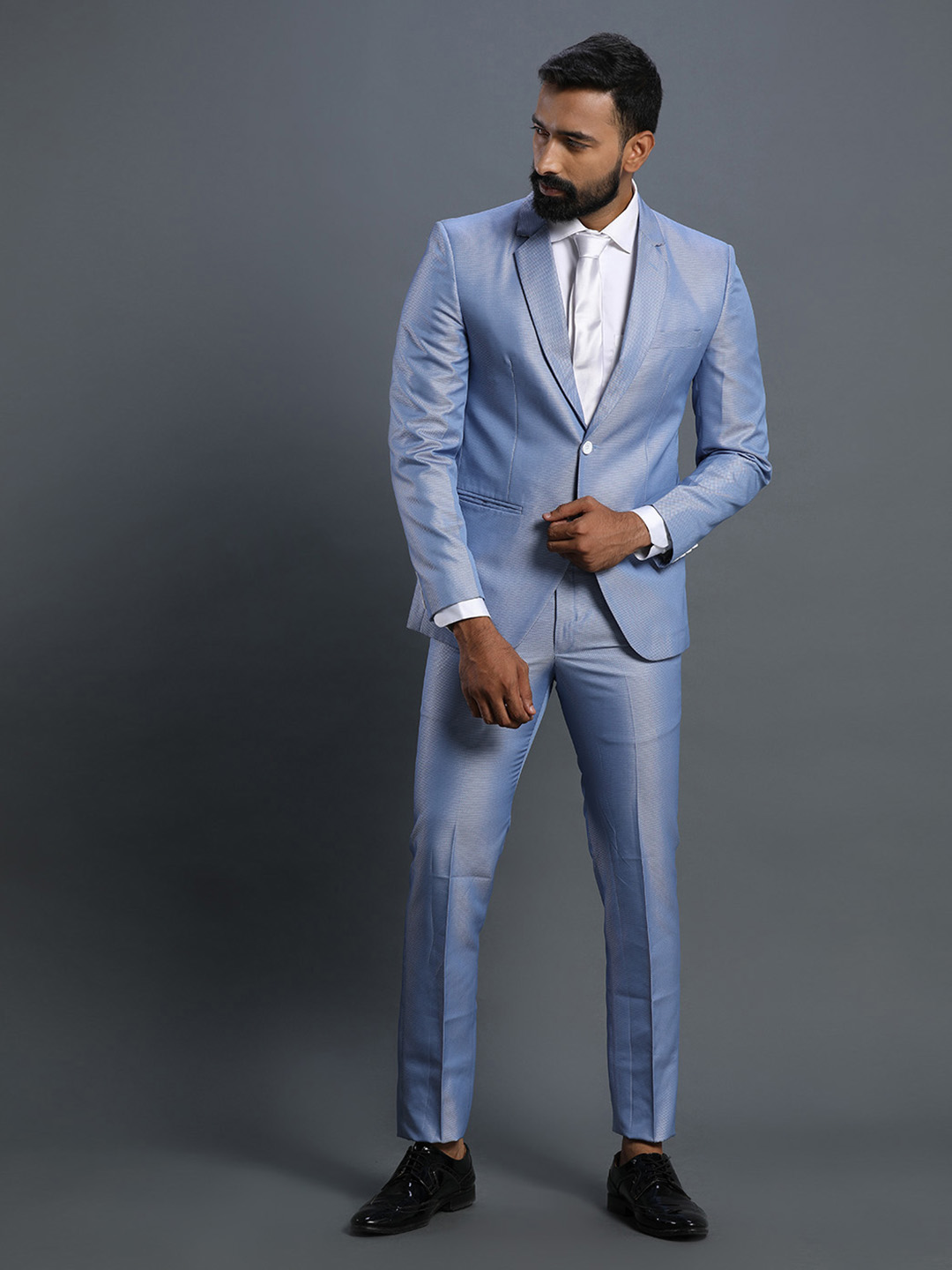displaying image of Shiny Sky Blue Textured Suit