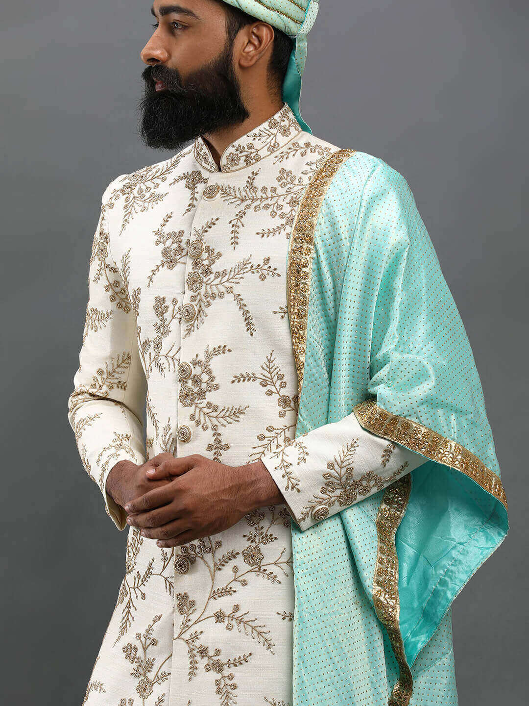displaying image of White Embroidered Groom Sherwani