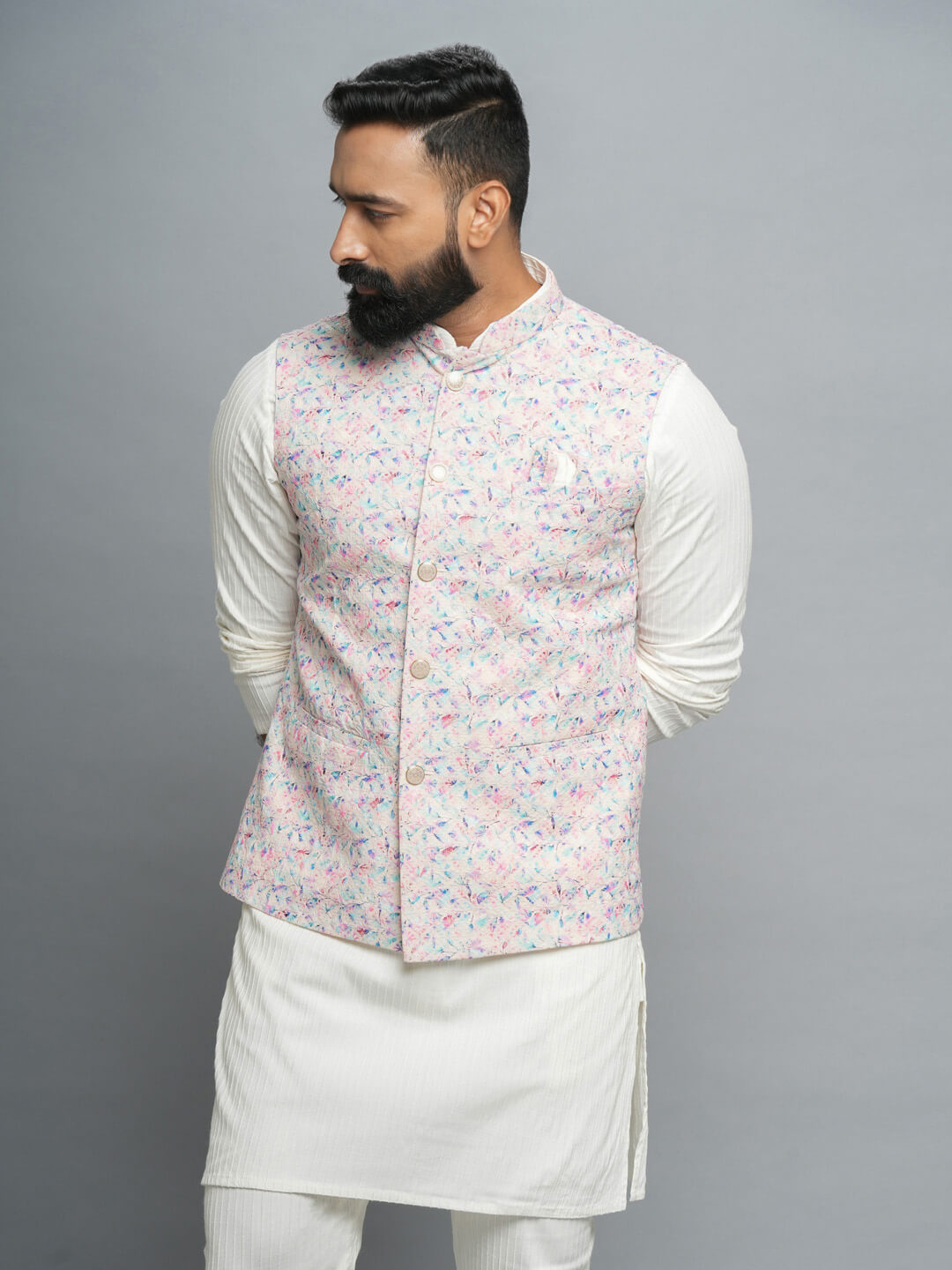 displaying image of White Multi Colored Kurta Pyjama Bandi Set
