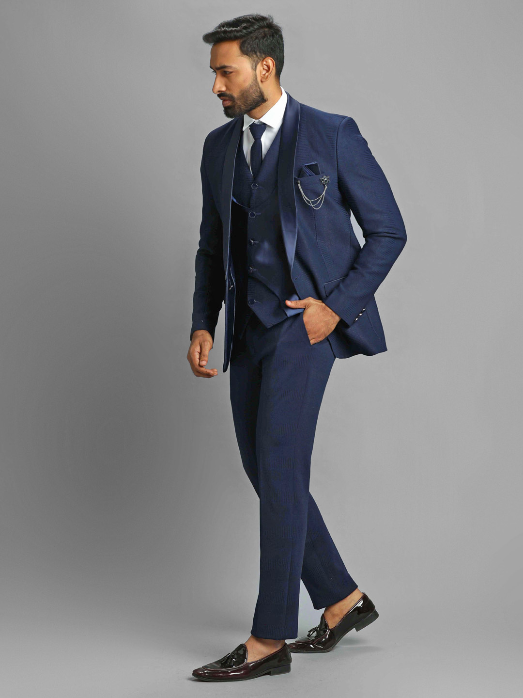 displaying image of Blue Shiny Textured Print 3 Piece Suit