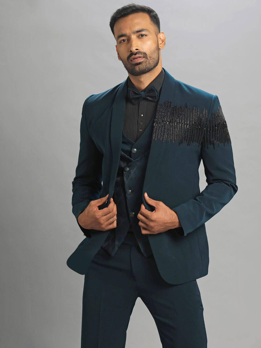 Green 3 Piece Suit Stylish Black Embroidered