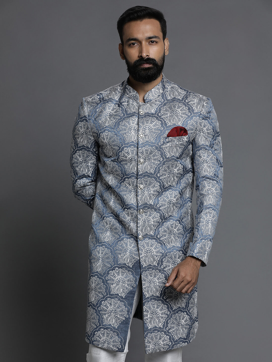 Grey Self Embroidered Indo Set