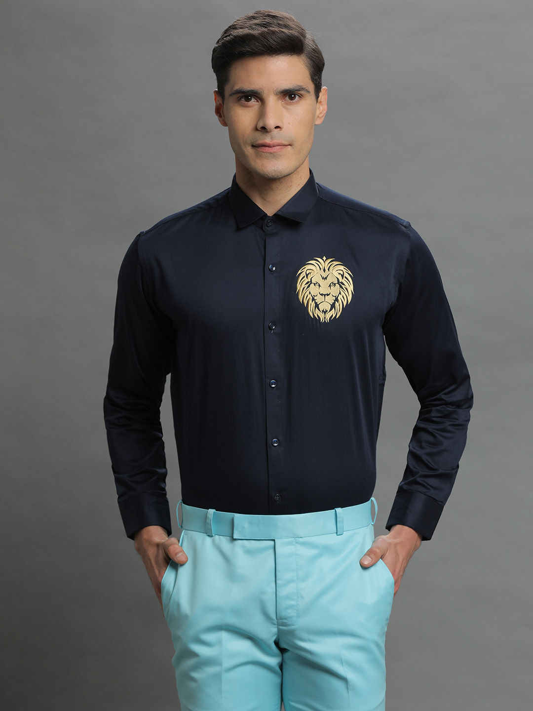 Lion Embroidered Blue Shirt