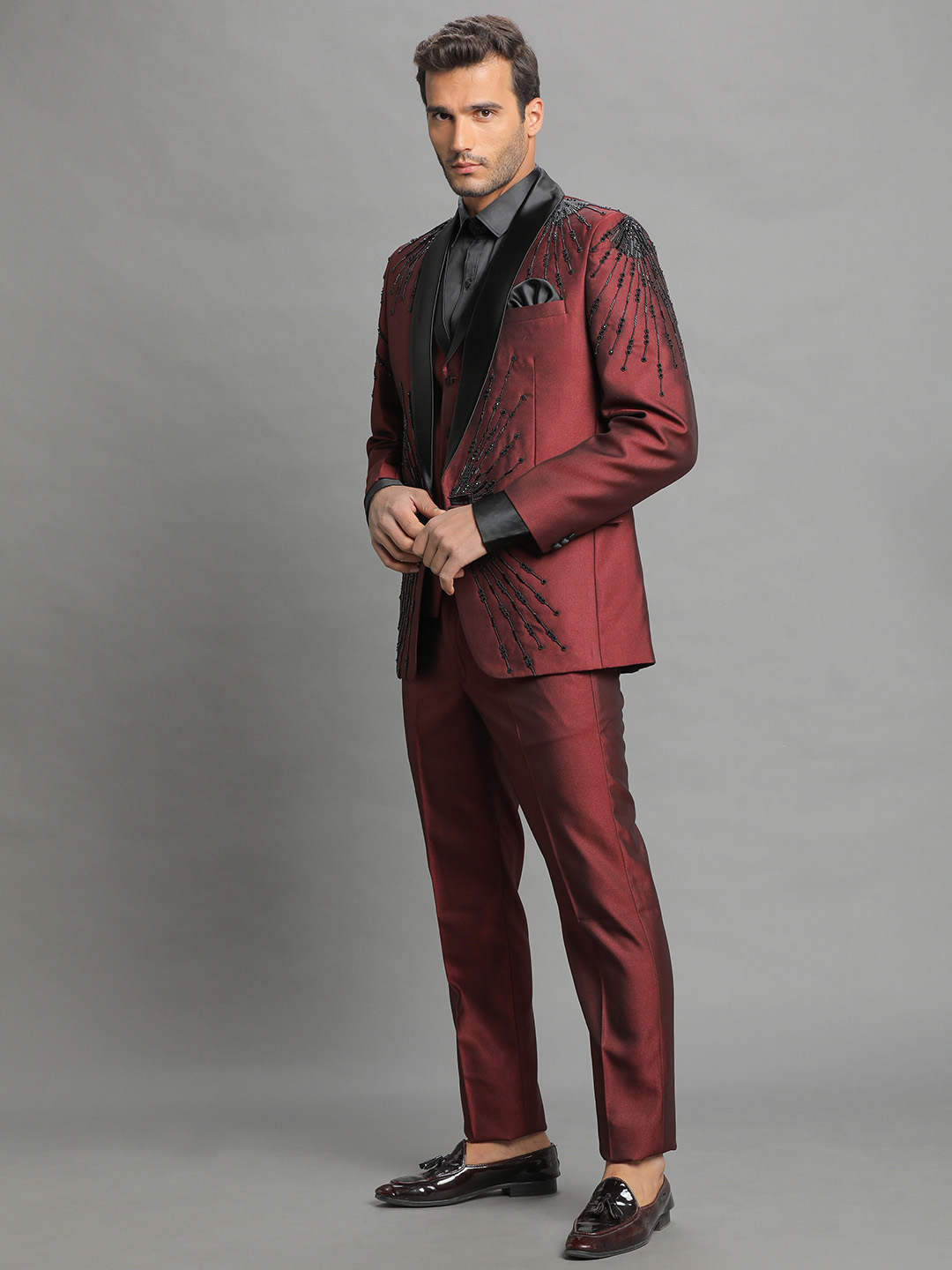 Maroon Embroidered 3 Piece Groom Suit