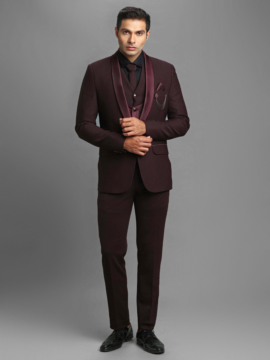 displaying image of Maroon Shiny Textured Print 3 Piece Suit