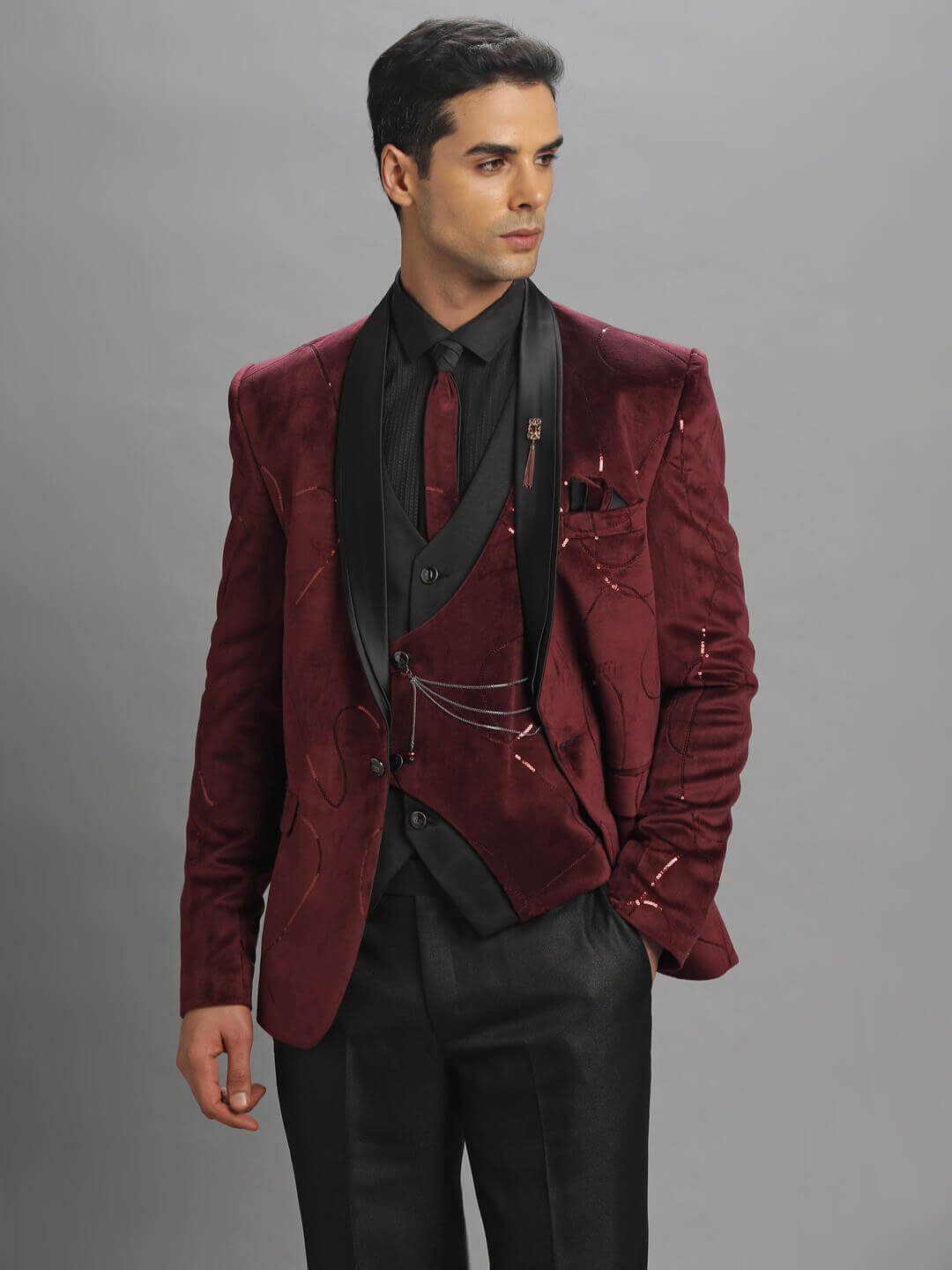 displaying image of Maroon Velvet Spiral Embroidered 3 Piece Tuxedo