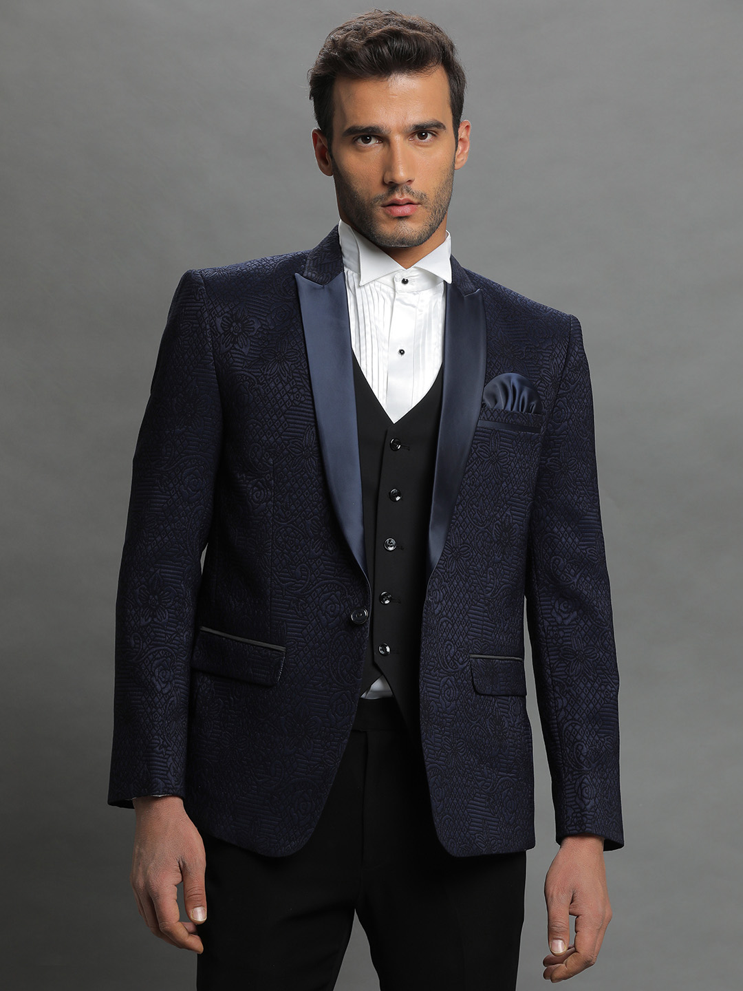 Navy Blue Embroidered 3 Piece Suit