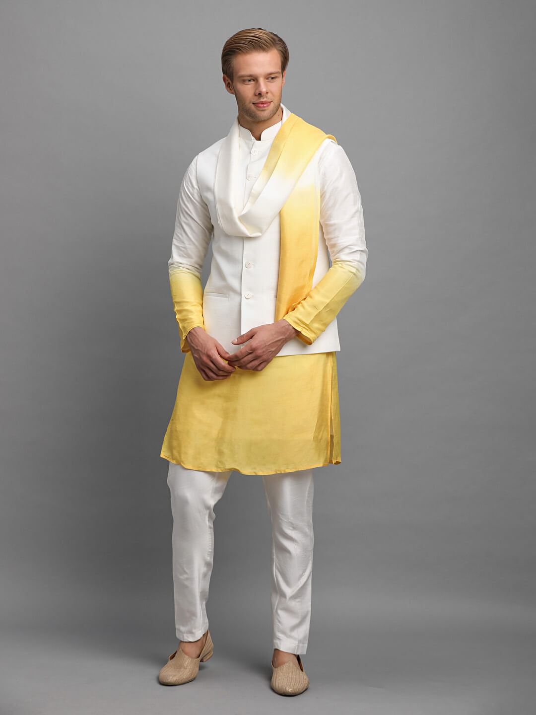 displaying image of Pastel Yellow Kurta Pyjama Dupatta Set
