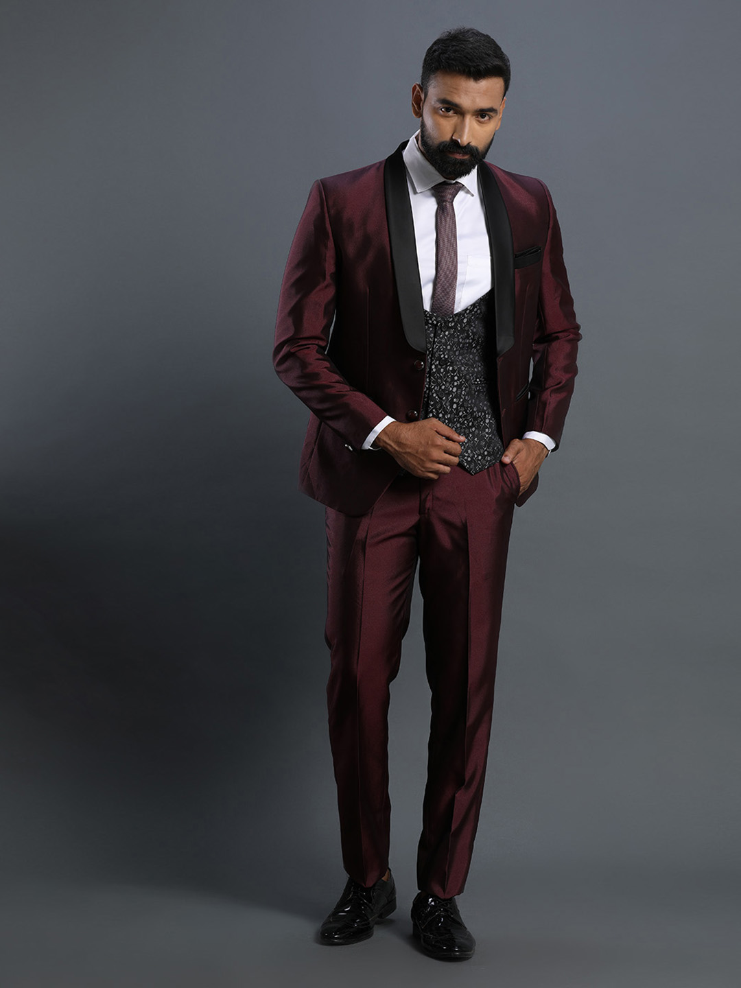 Shiny Maroon Designer 3 piece Suit
