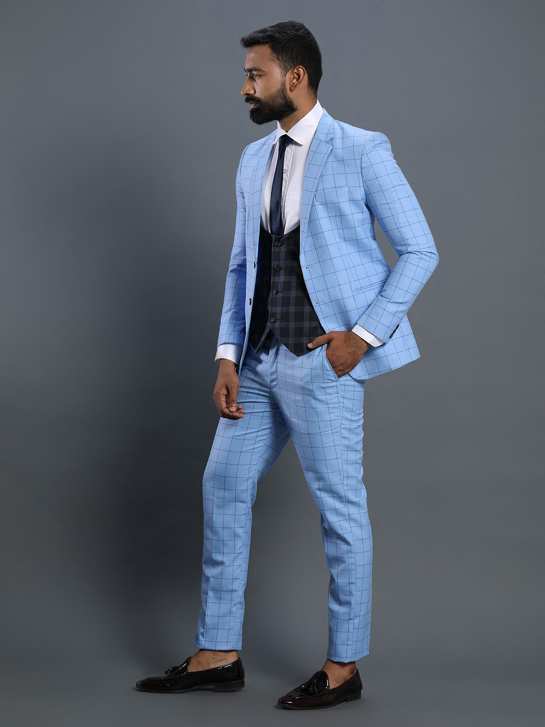 displaying image of Sky Blue Checks 3 Piece Suit