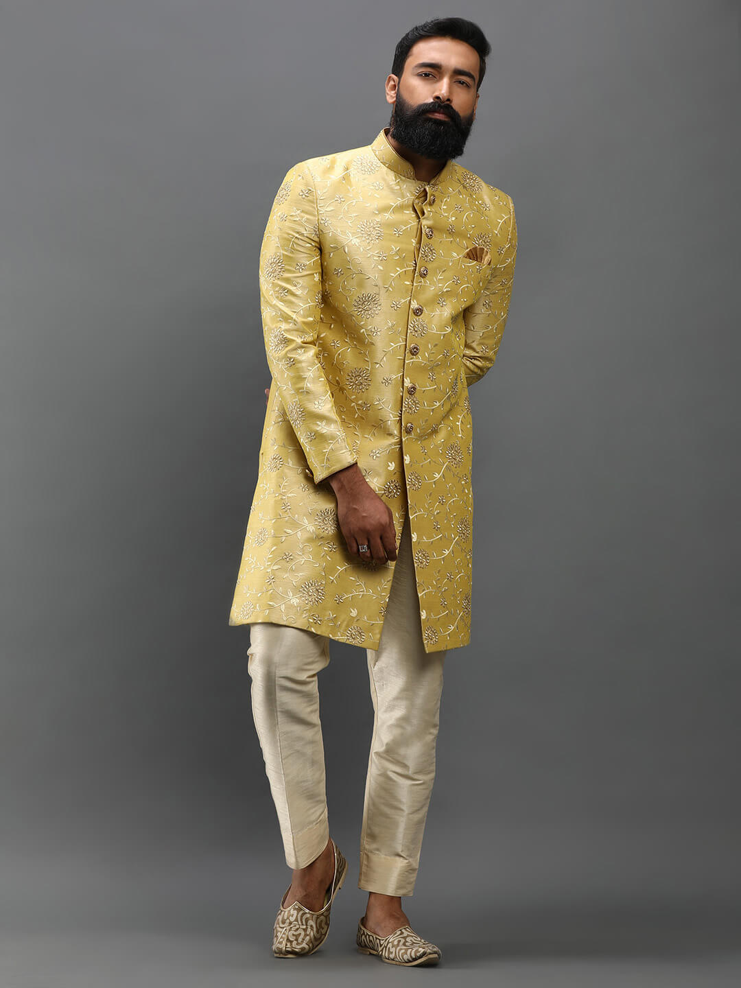 subtle-yellow-floral-embroidered-sherwani