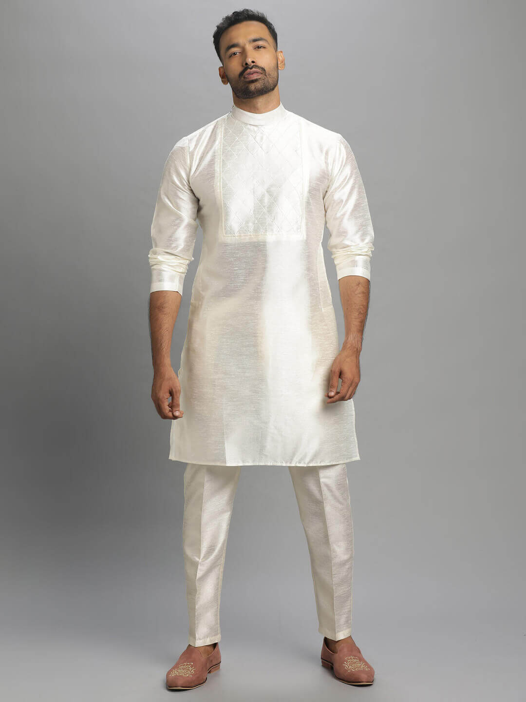 displaying image of White Long Kurta Pyjama Bandi