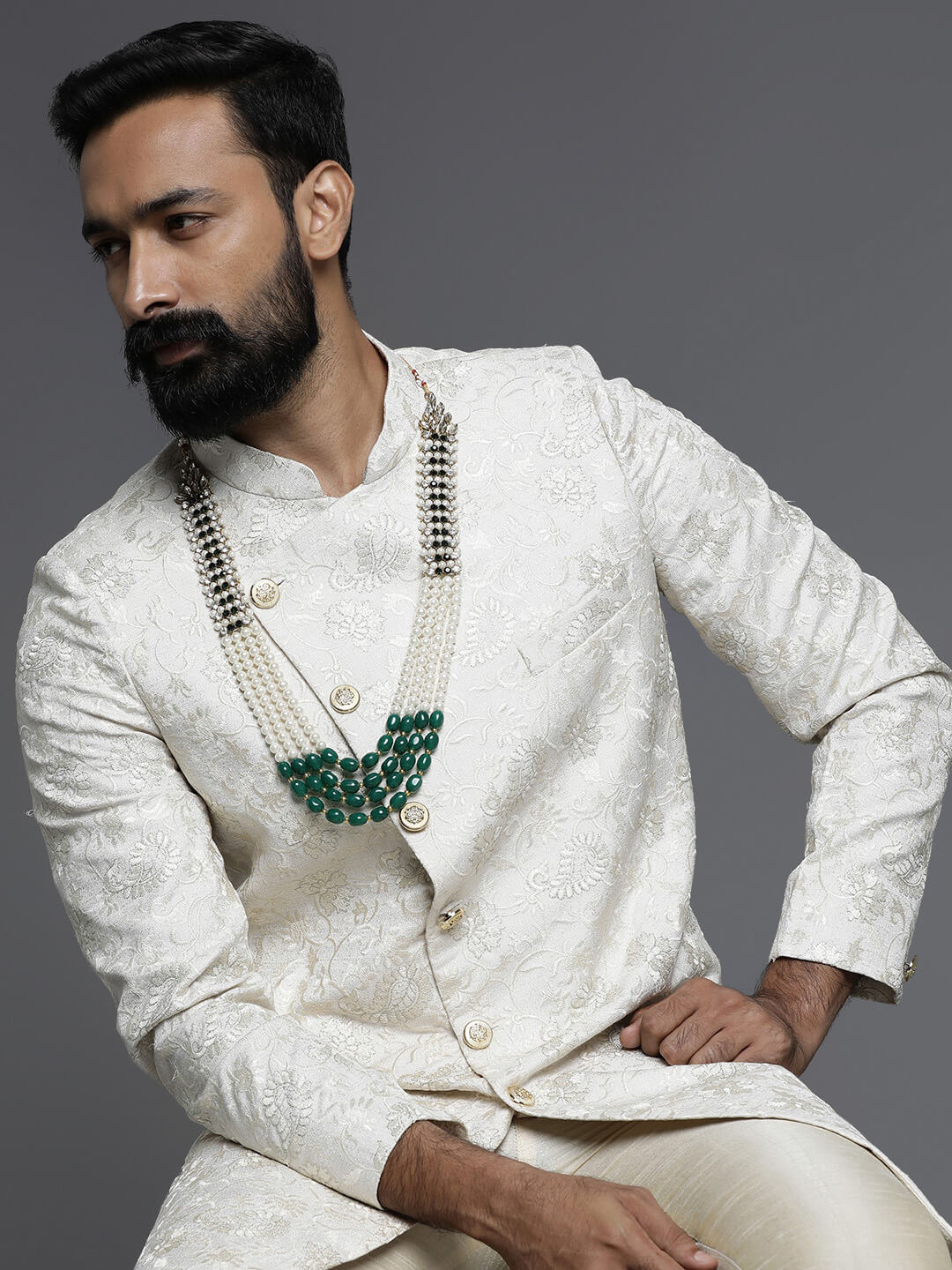 White Self Embroidered IndoWestern