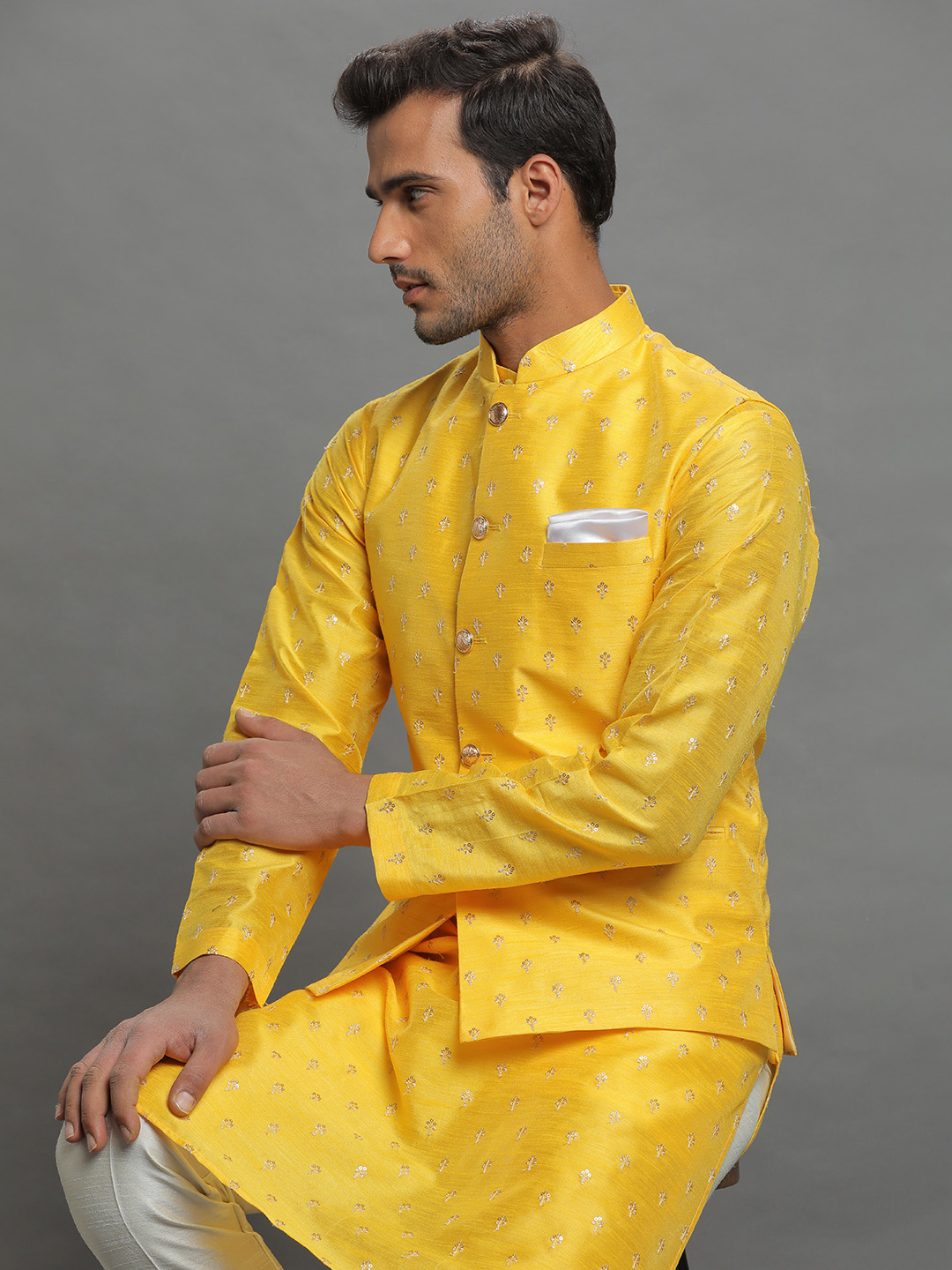 Yellow Embellished Bandi Kurta Pyjama Set
